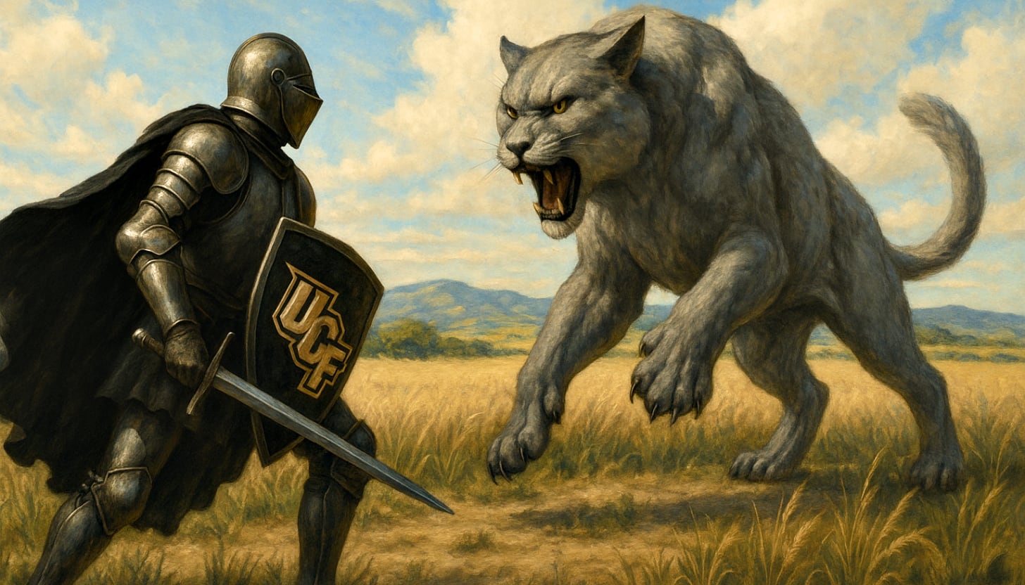 Knight facing off against a wildcat