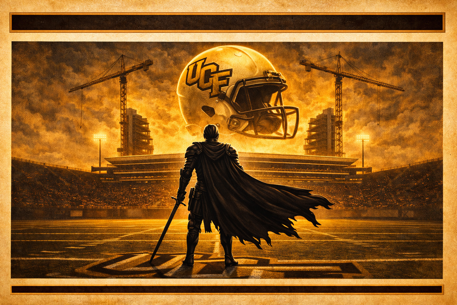 Black-armored knight on football field with glowing UCF helmet above stadium under construction at sunset